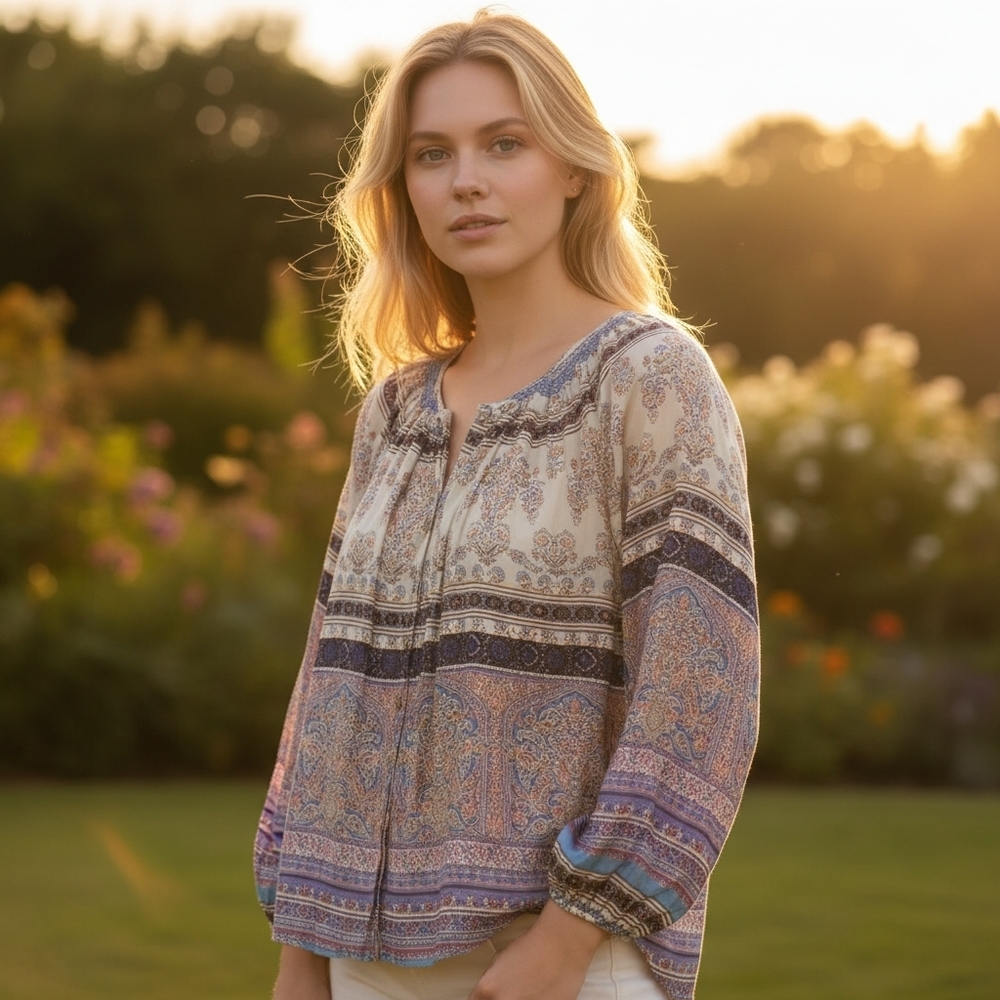 SUNDANCE | Multicolor Paisley Boho Semi-Sheer Cotton Floral Button Blouse | L - Picture 1 of 13